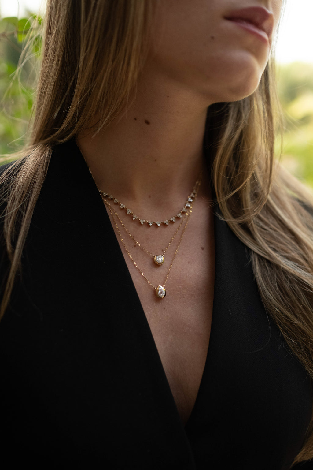 Layered Round & Pear Bezel Necklace