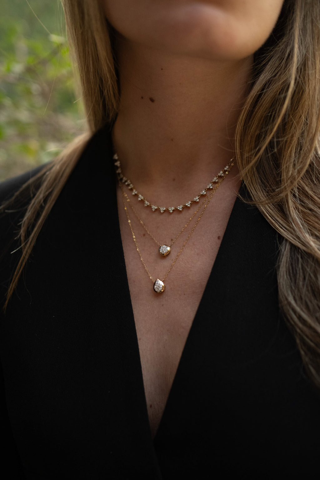 Layered Round & Pear Bezel Necklace
